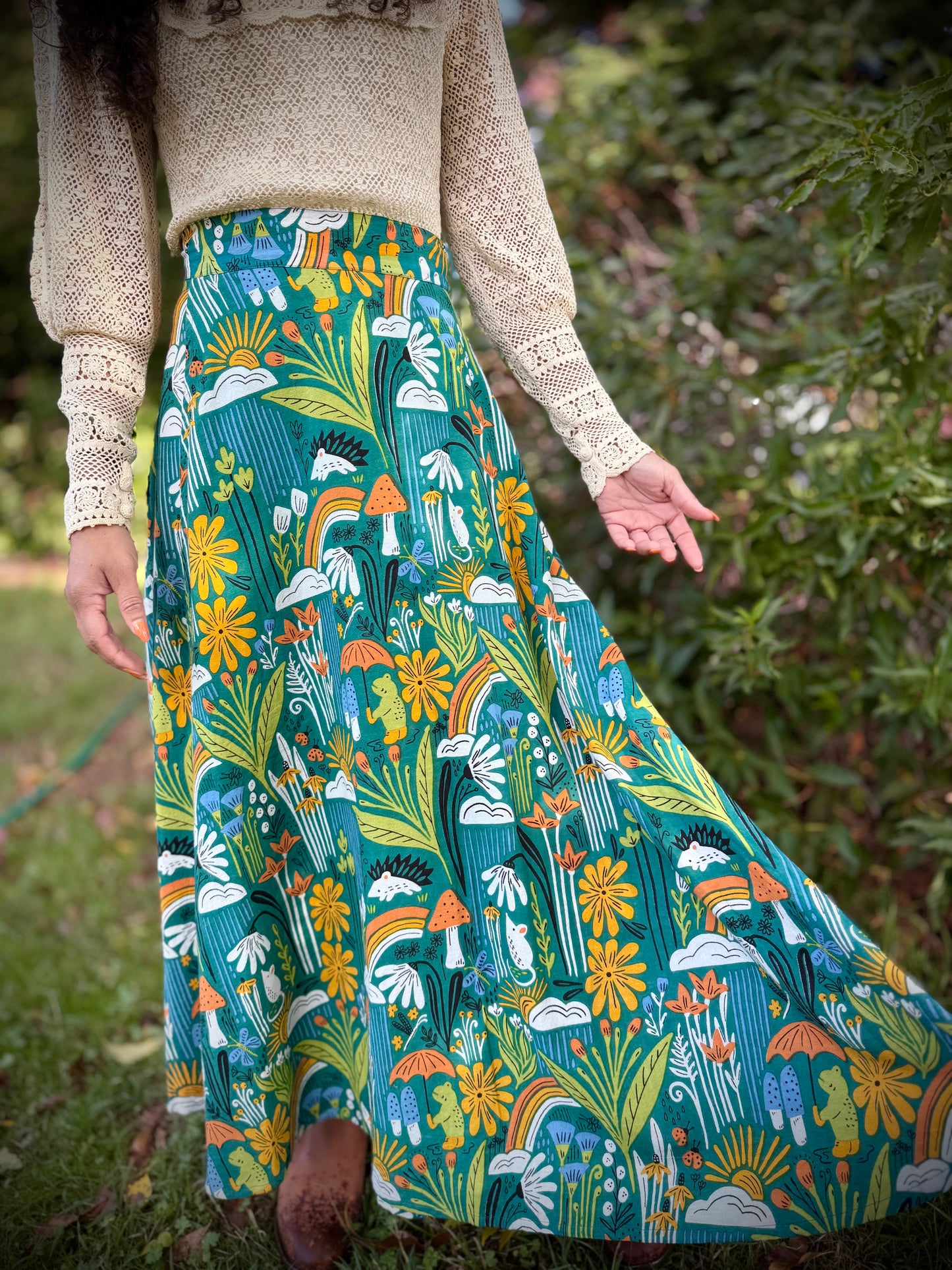 Elsie Wrap Skirt - ‘Frog Pond’ Block Print