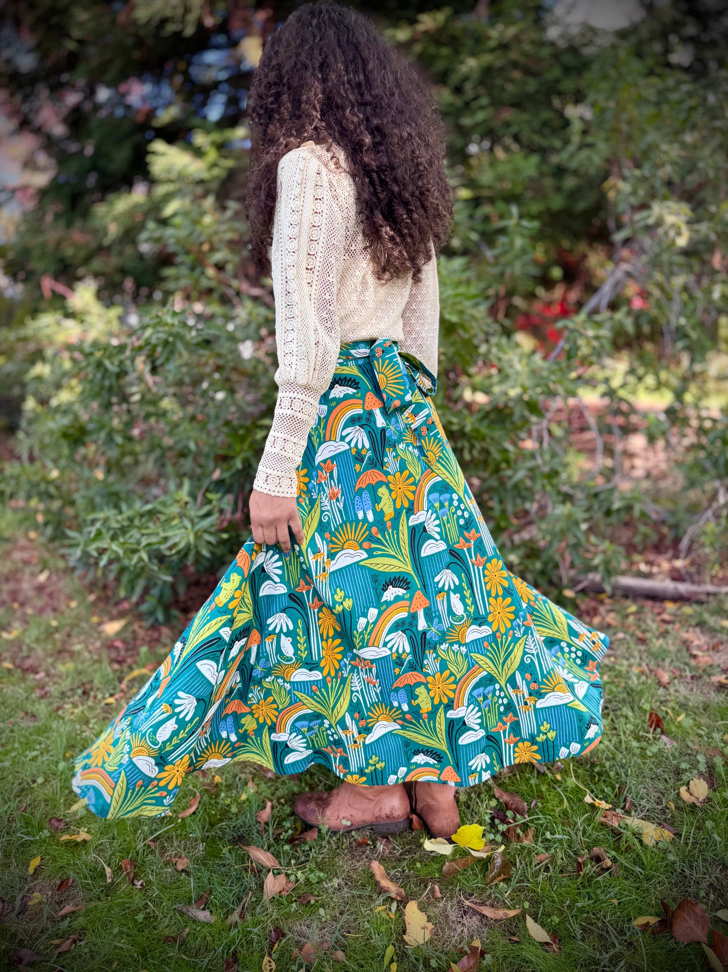 Elsie Wrap Skirt - ‘Frog Pond’ Block Print