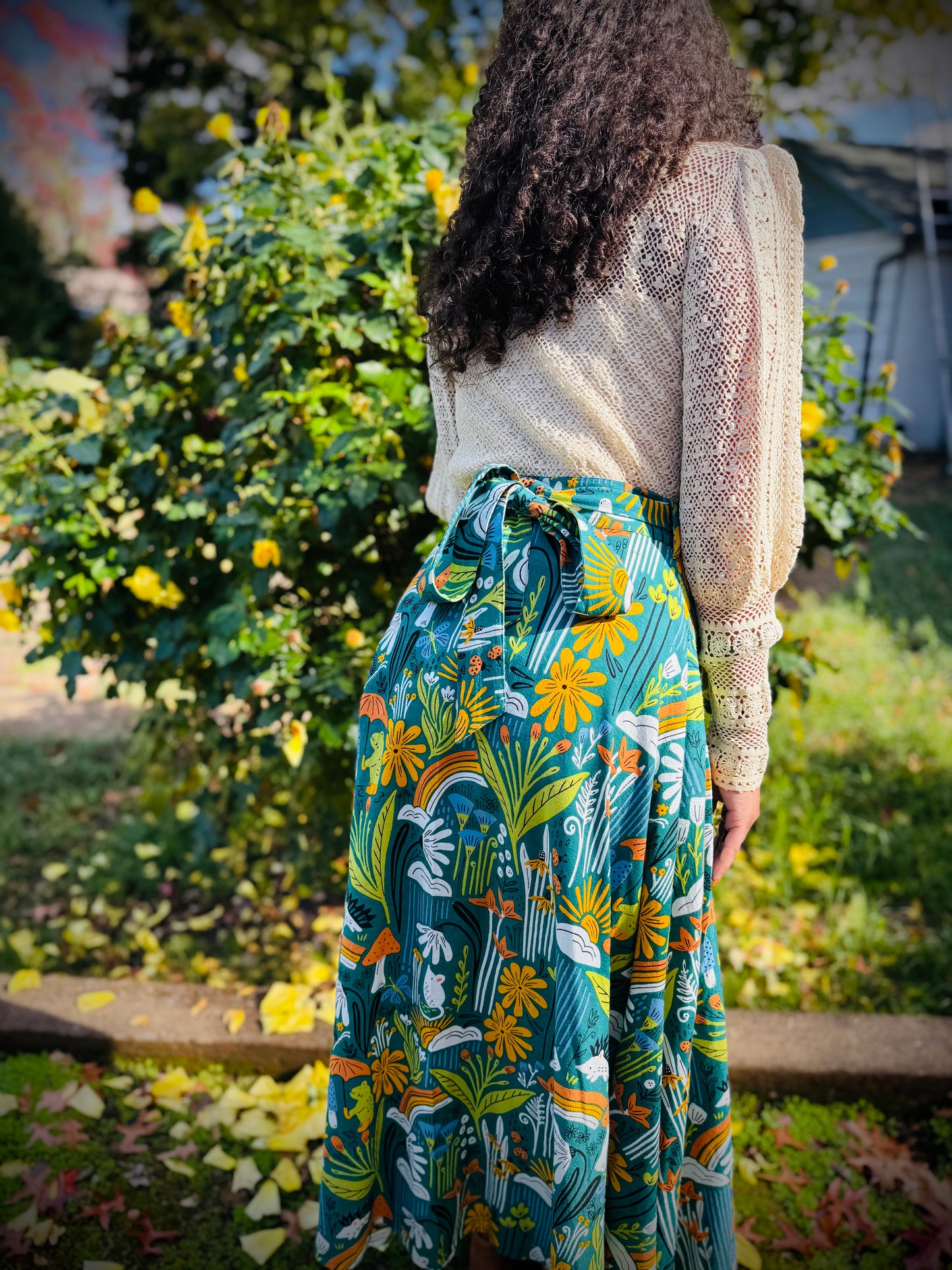 Elsie Wrap Skirt - ‘Frog Pond’ Block Print