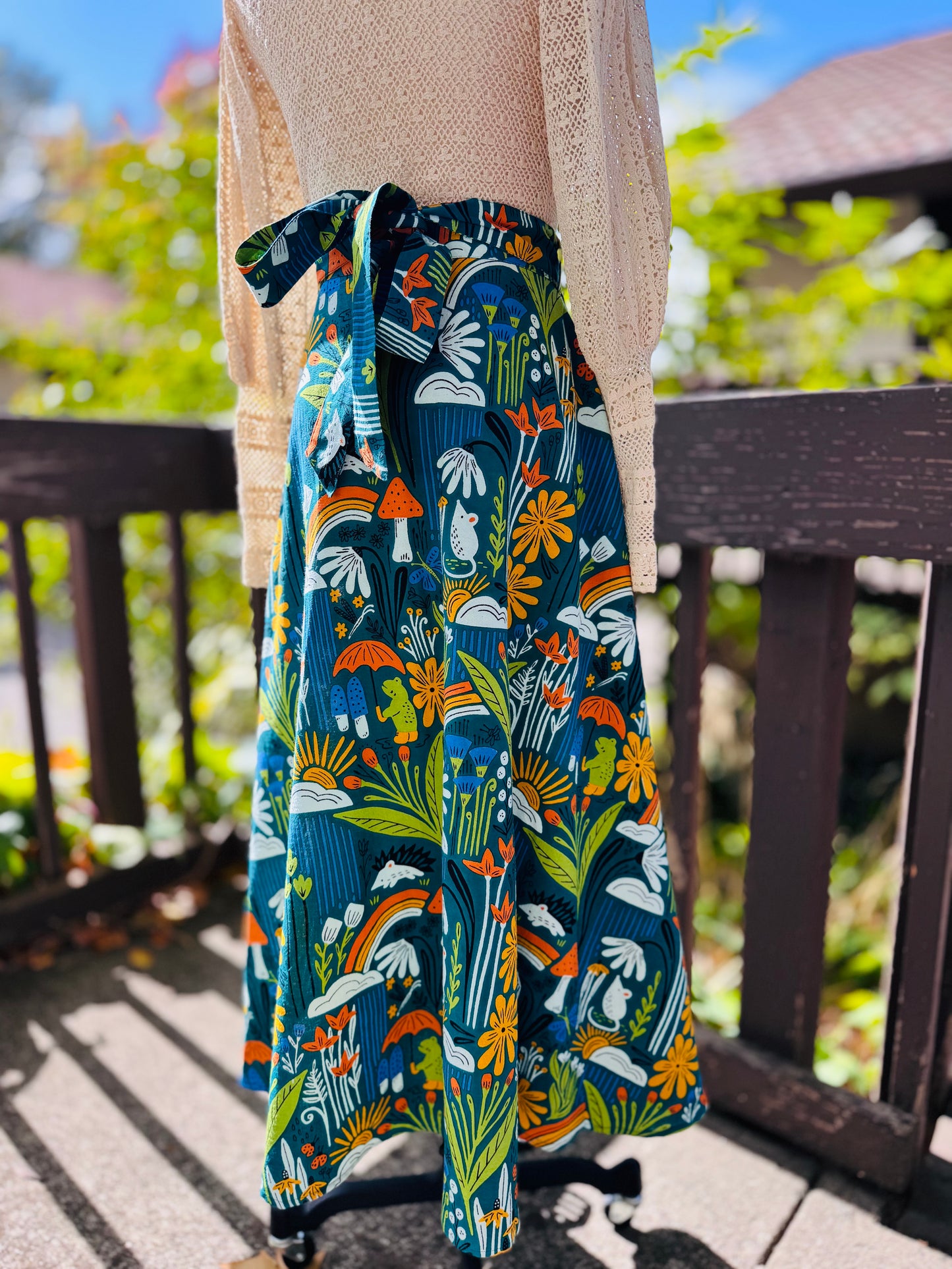 Elsie Wrap Skirt - ‘Frog Pond’ Block Print